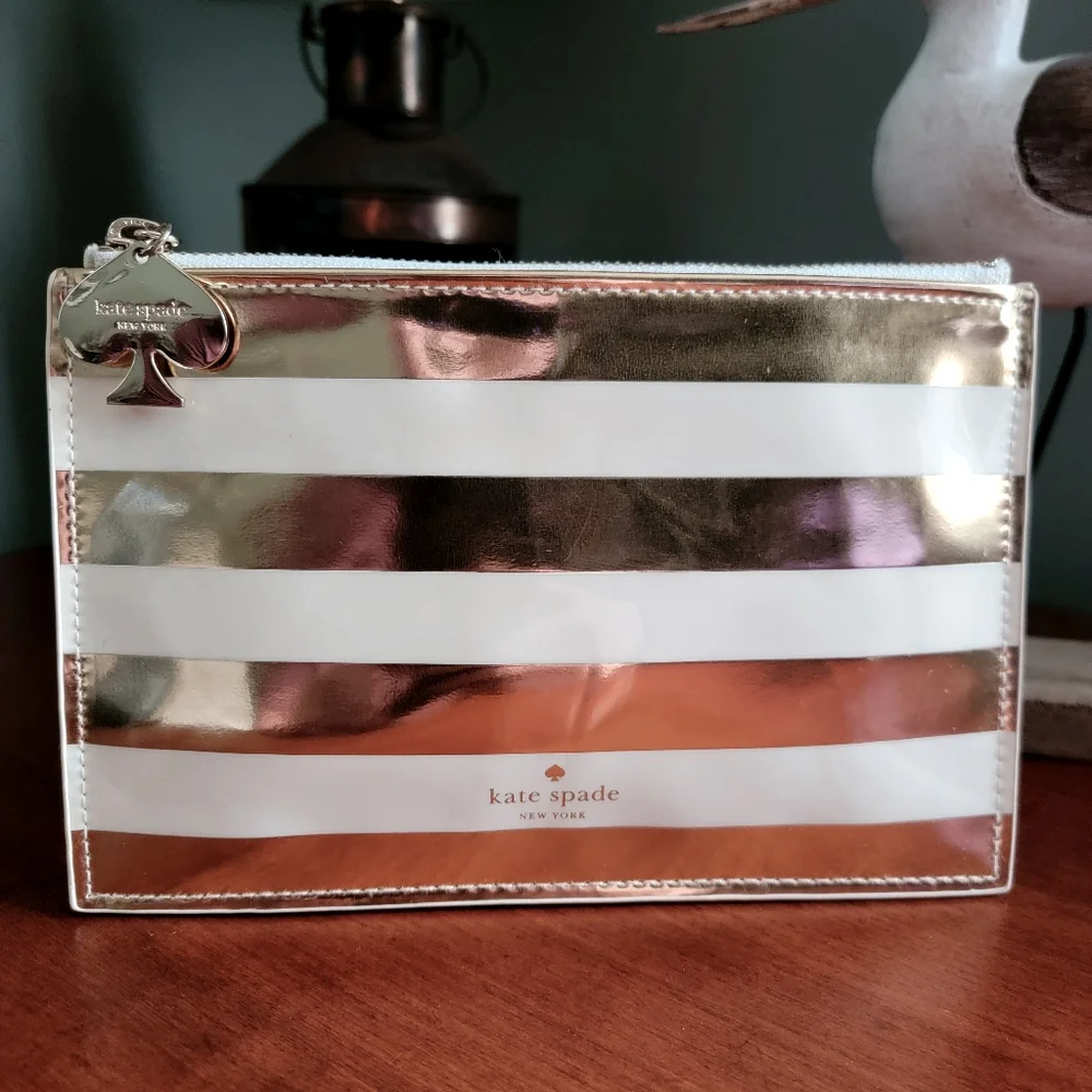 Kate Spade Gold Metallic Stripe PVC Makeup Pouch Cosmetic Bag